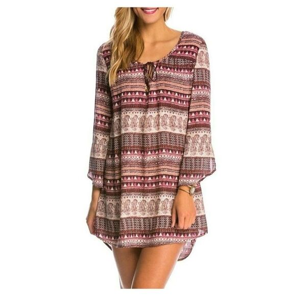 Billabong Sz XS Take Me Away Dress in Pinot Maroon Boho Longsleeve Paisley Dress - Picture 1 of 13